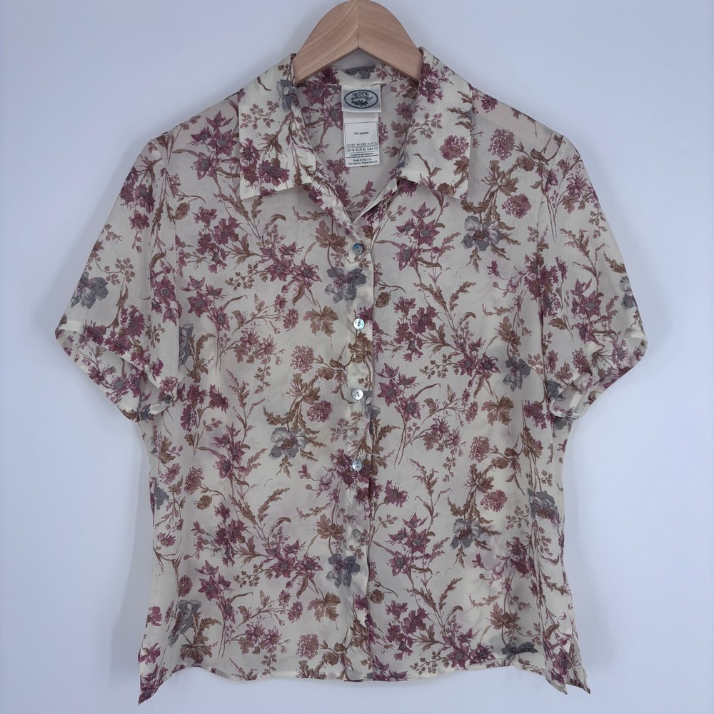 VTG Laura Ashley Blouse Womens 12 Cream Floral Short Sleeve Button Up UK Made‎